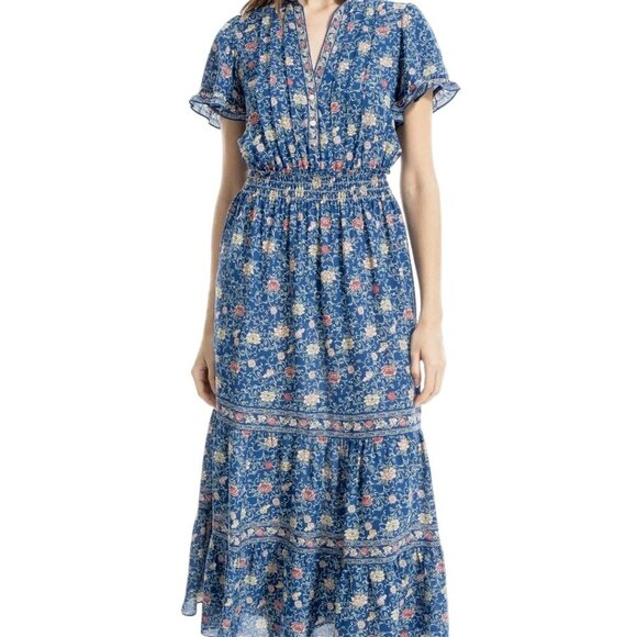 Max Studio Floral Tiered Maxi Dress Blue Yellow Ruffled Ribbon Detail Size S - Picture 3 of 9